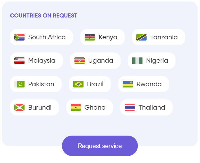 Некоторые страны доступны по запросу: Бразилия, Кения, Нигерия, Уганда и др. 
