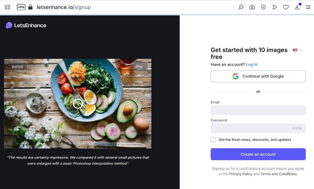 Процесс регистрации в Let's Enhance