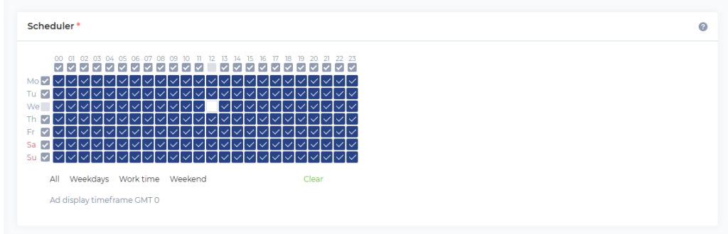Расписание показов здесь настраивается с шагом в час. Советую его использовать, чтобы не откручивать бюджеты просто так