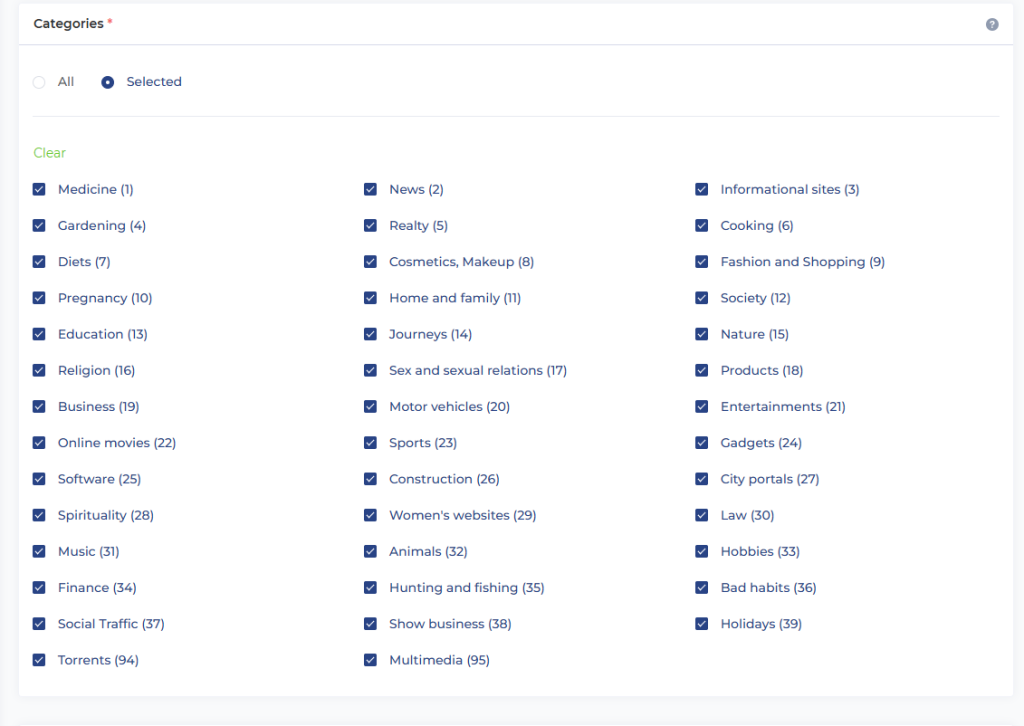 Каталог категорий довольно подробный