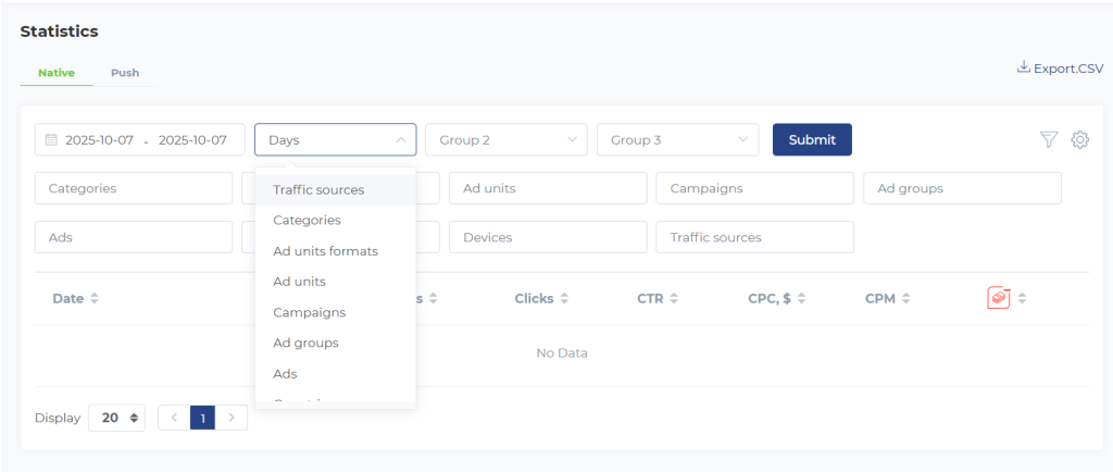 Стата здесь настраиваемая, автоматически считаются все ключевые метрики. А еще ее можно выгружать в CSV