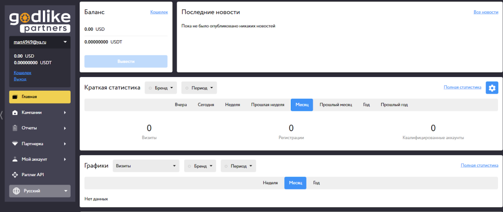 Это – дашборд и меню партнерской программы
