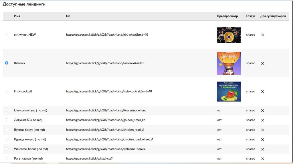 Часть доступных лендов в партнерке