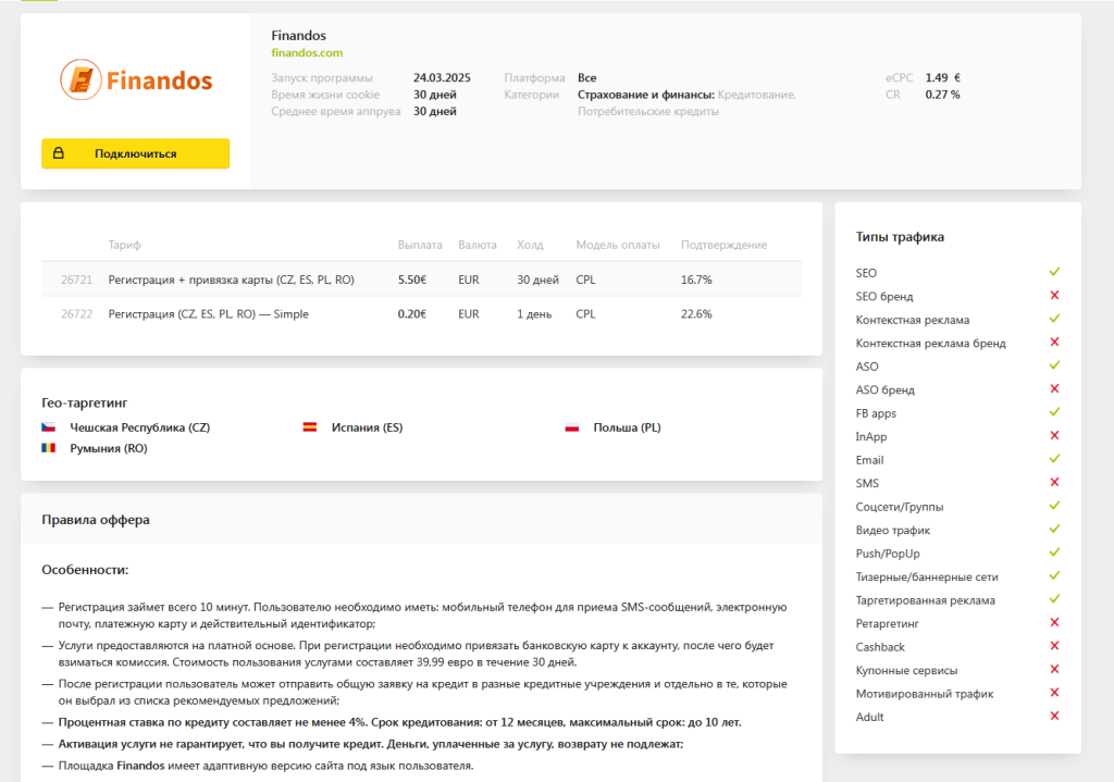 Типичная карточка оффера из категории финансов