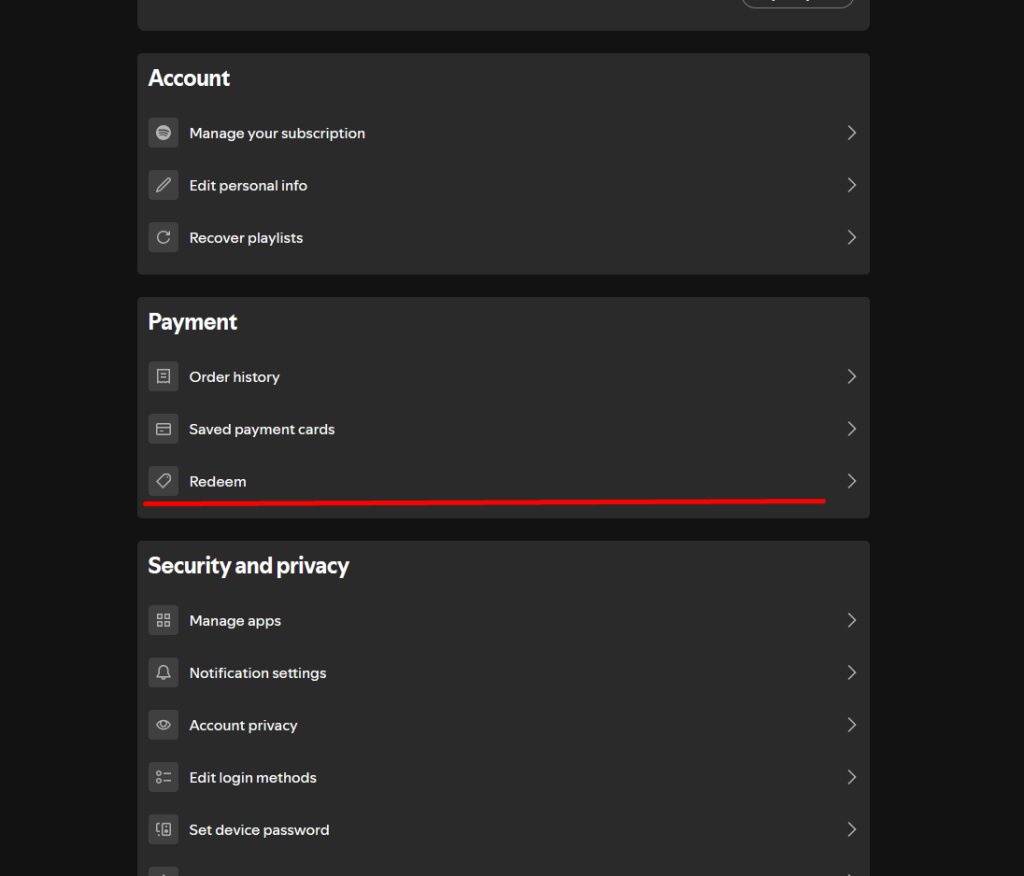 Кнопка Redeem в Спотифае