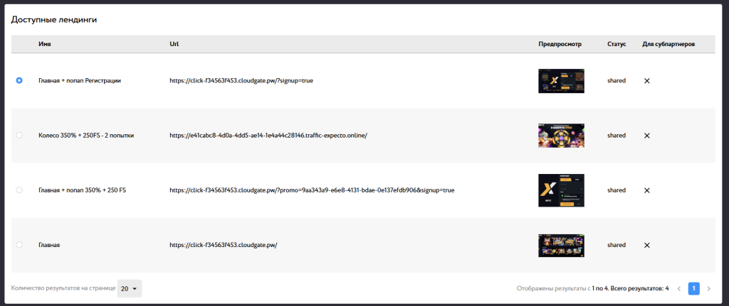 Список лендов в партнерке