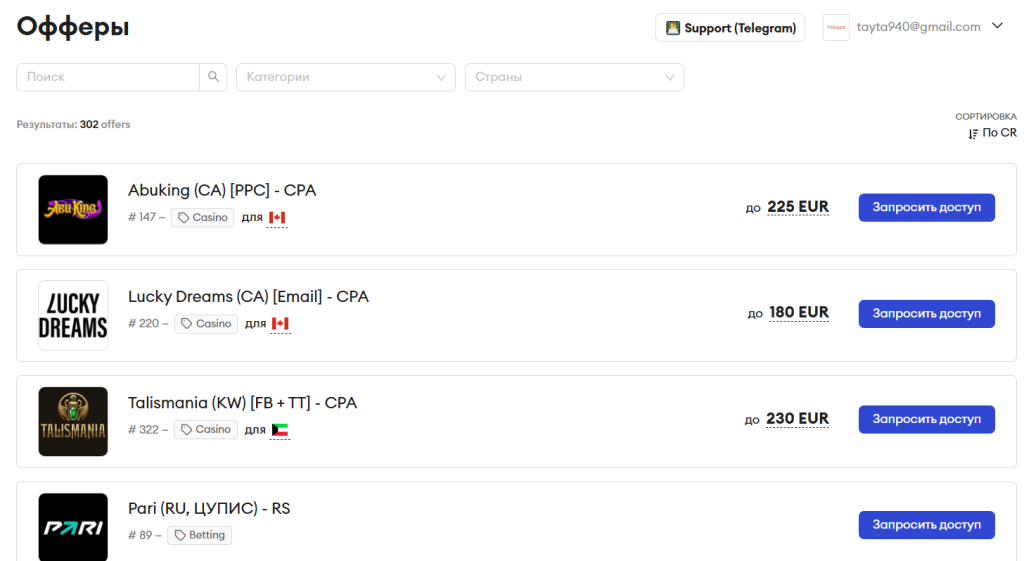 Обратите внимание: среди топов по CR есть и БК Pari – ЦУПИСный оффер под РФ